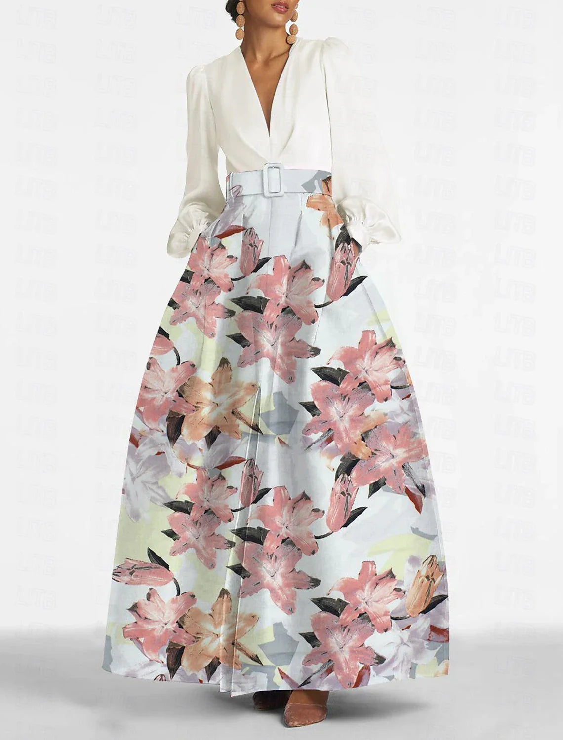 A-Line Evening Gown Elegant Dress Formal Wedding Guest Floor Length Long Sleeve V Neck Belt / Sash Satin with Slit