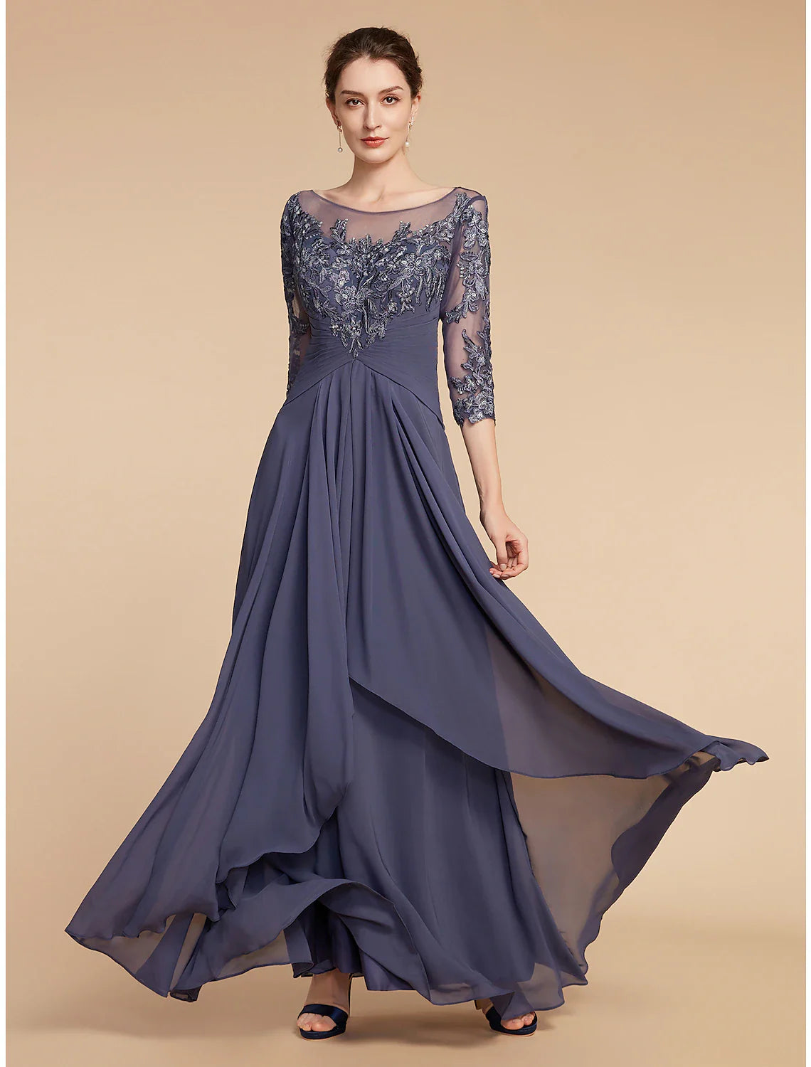 Aimishang  A-Line Mother of the Bride Dress Elegant V Neck Floor Length Chiffon Lace 3/4 Length Sleeve with Ruffles Appliques