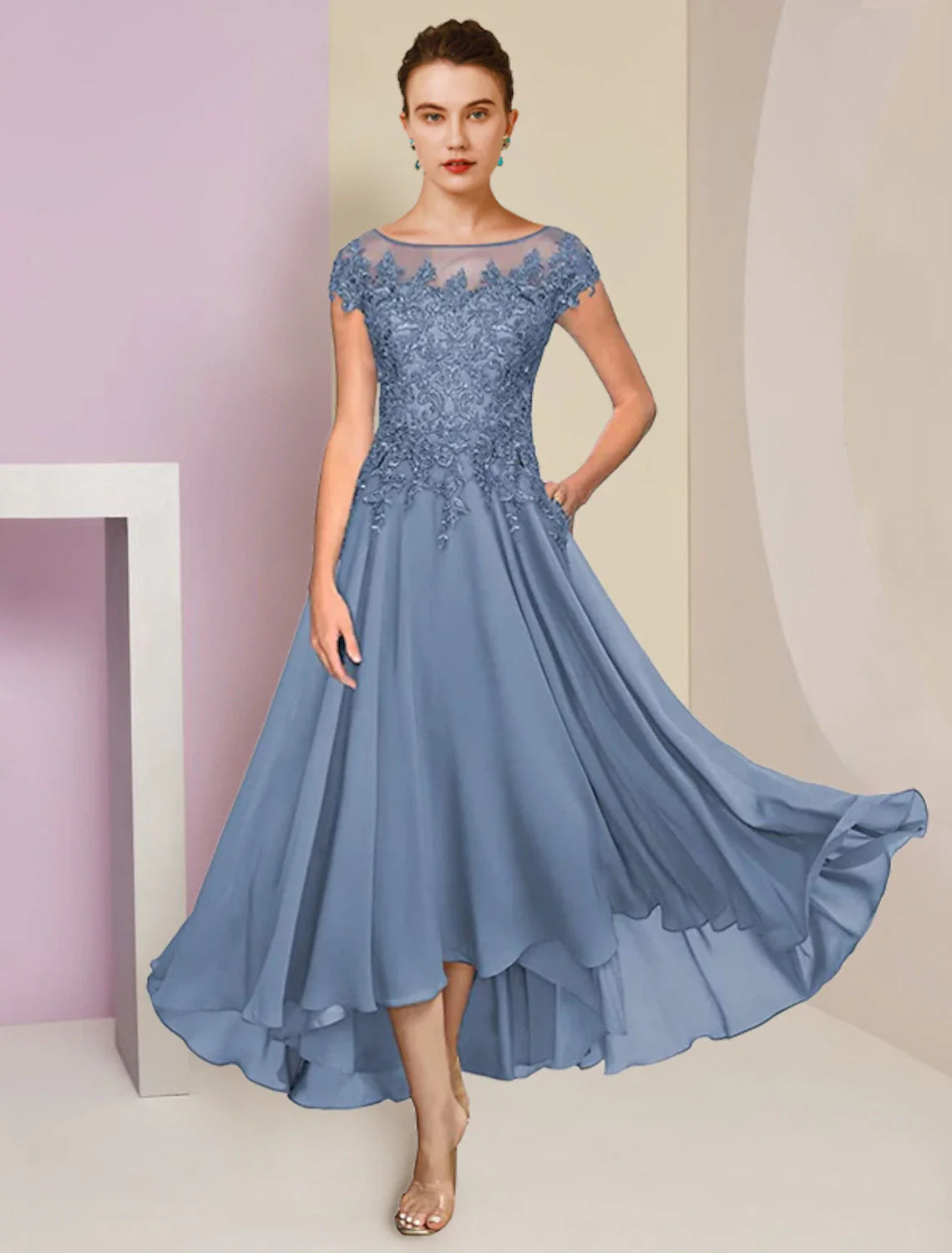 Aimishang  Two Piece A-Line Mother of the Bride Dress Formal Wedding Guest Elegant High Low Scoop Neck Asymmetrical Tea Length Chiffon Lace Short Sleeve Wrap Included with Sequin Appliques