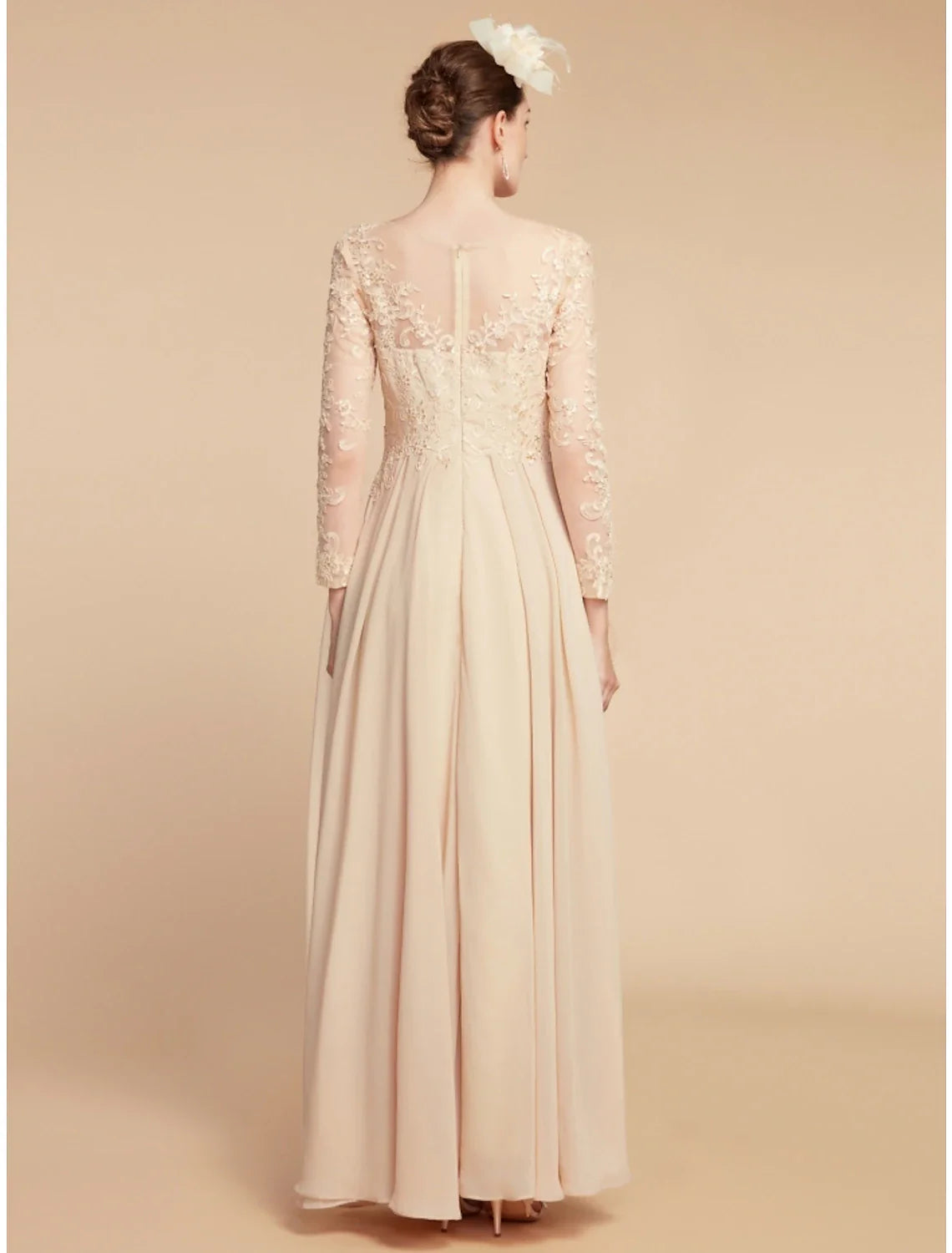 Aimishang  A-Line Mother of the Bride Dress Wedding Guest Elegant Jewel Neck Ankle Length Chiffon Lace Long Sleeve with Ruching Solid Color