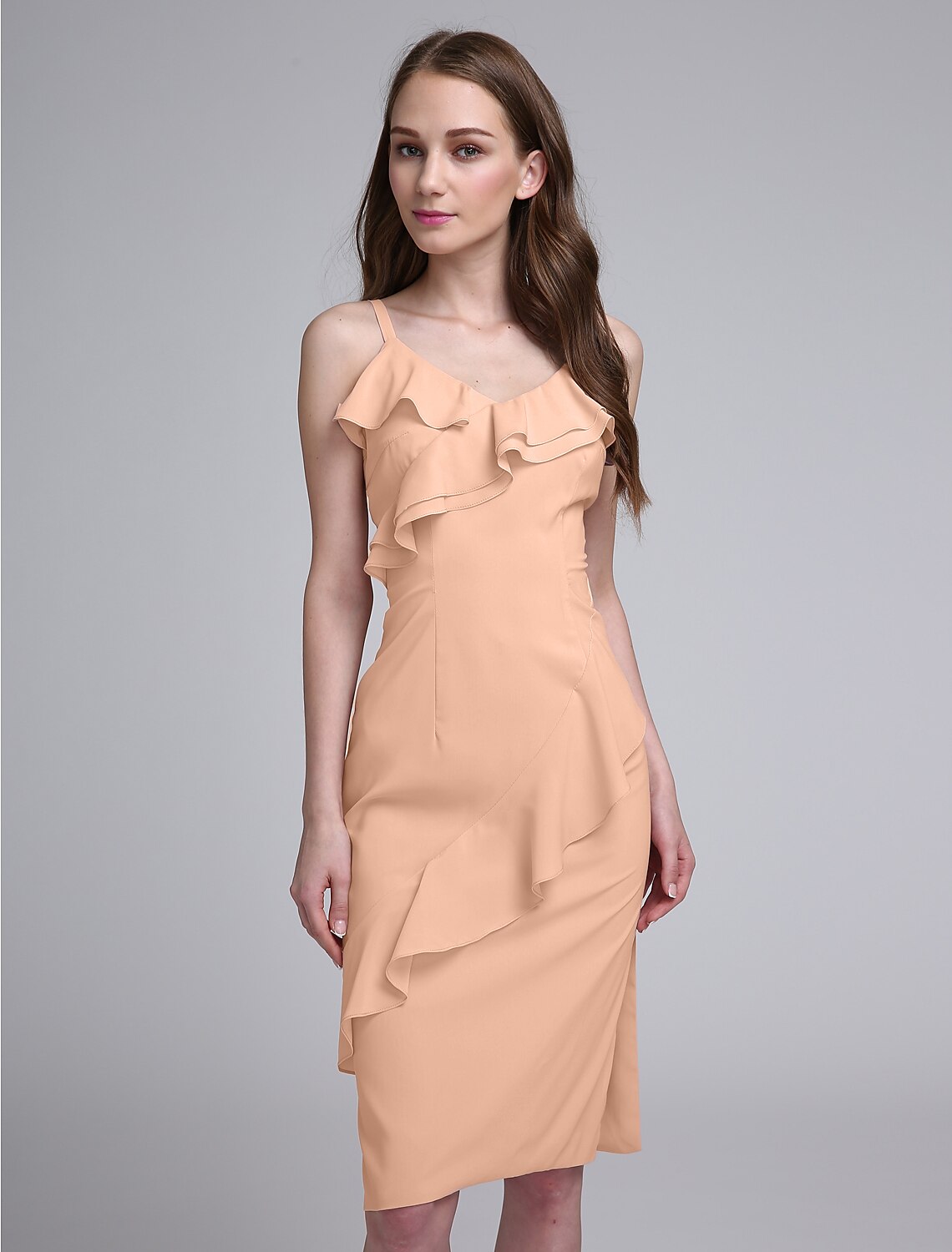 Sheath / Column Bridesmaid Dress Spaghetti Strap Sleeveless Elegant Knee Length Chiffon with Ruffles