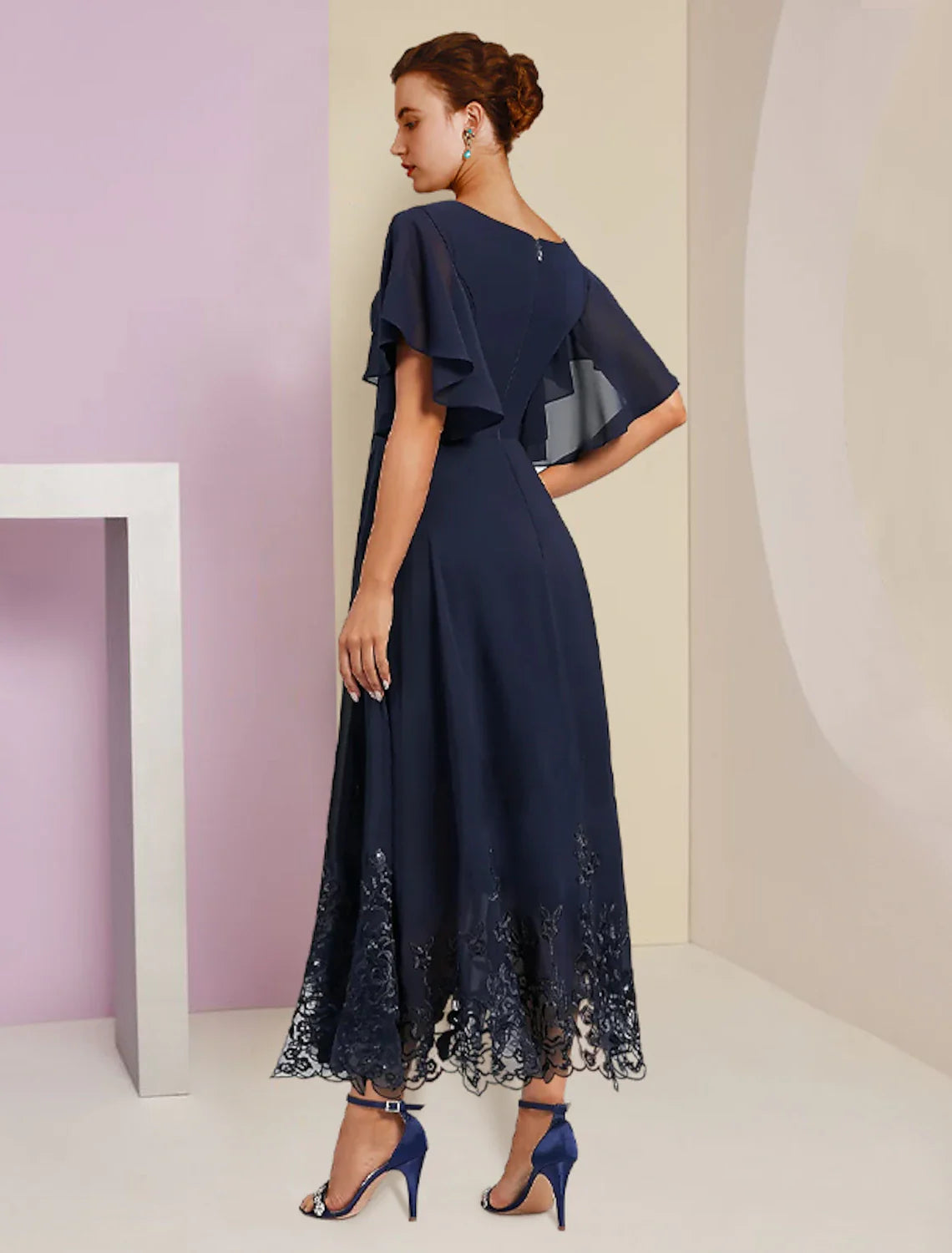 Aimishang  A-Line Mother of the Bride Dress Formal Fall Wedding Guest Elegant V Neck Tea Length Chiffon Lace Short Sleeve with Appliques Crystal Brooch