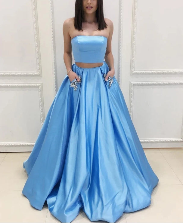 A-line Straight Across Sweep Train Satin Rhine Stone Two Piece Prom Dresses Evening Dress Wholesale