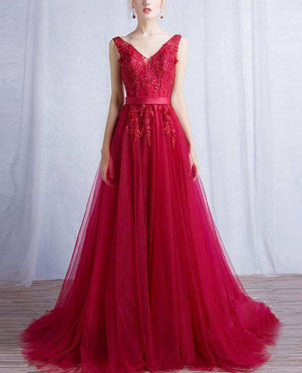 A-line V-neck Sweep Train Tulle Appliqued Beaded Red Prom Dresses Charming Wholesale