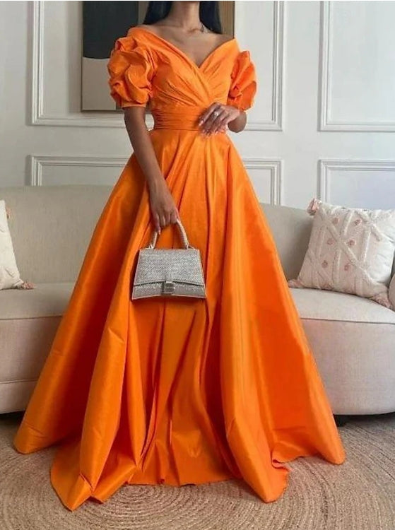 Elegant Navy Blue Off Shoulder A-Line Long Prom Dress Short Sleeves Charming Evening Dress Wholesale