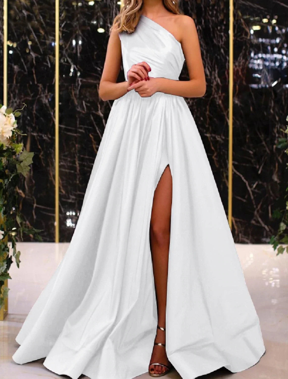 Aimishang A-Line Evening Gown Elegant Dress Wedding Guest Engagement Floor Length Sleeveless One Shoulder Satin with Pleats Slit