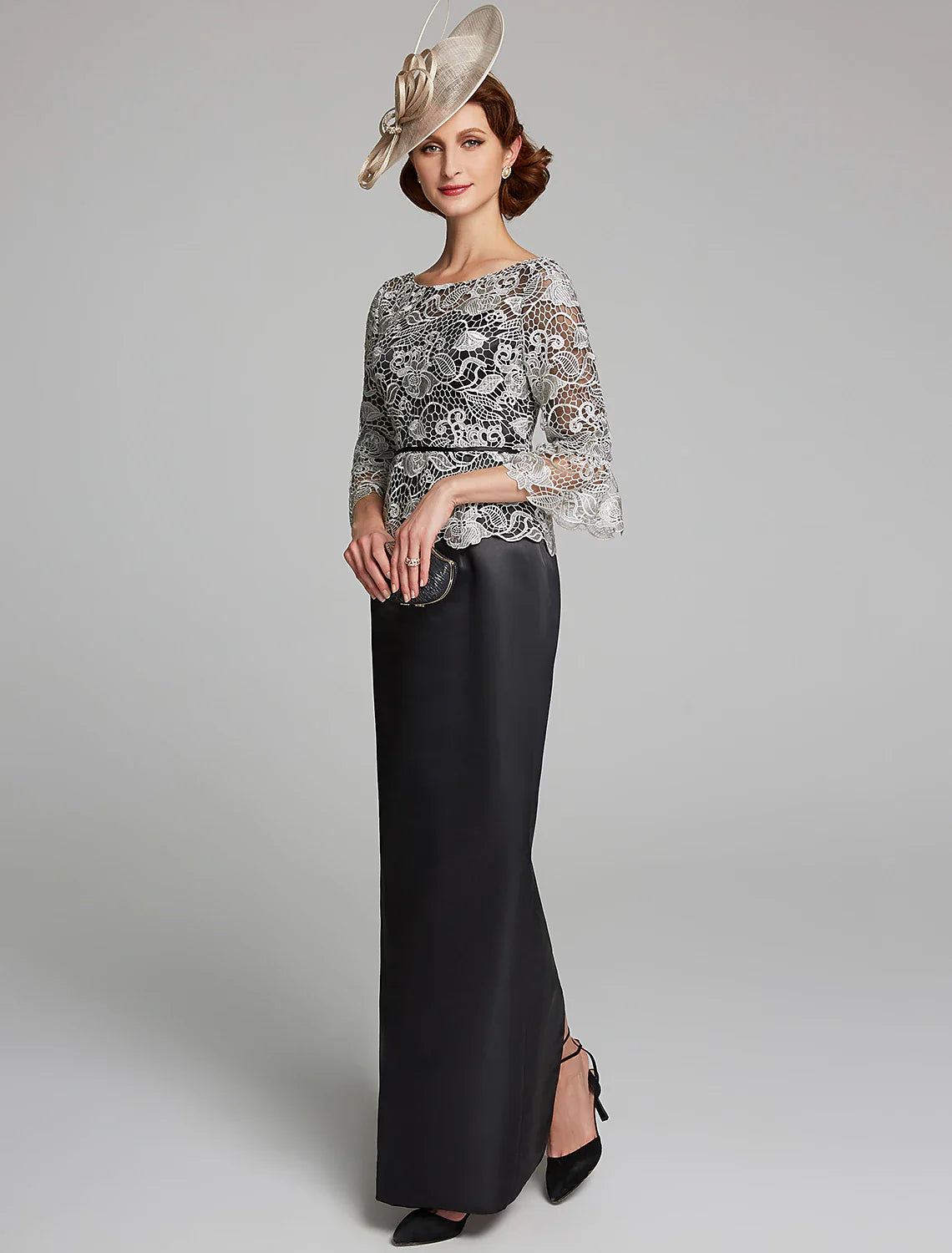 Aimishang Sheath / Column Mother of the Bride Dress Jewel Neck Floor Length Satin Lace 3/4 Length Sleeve with Lace