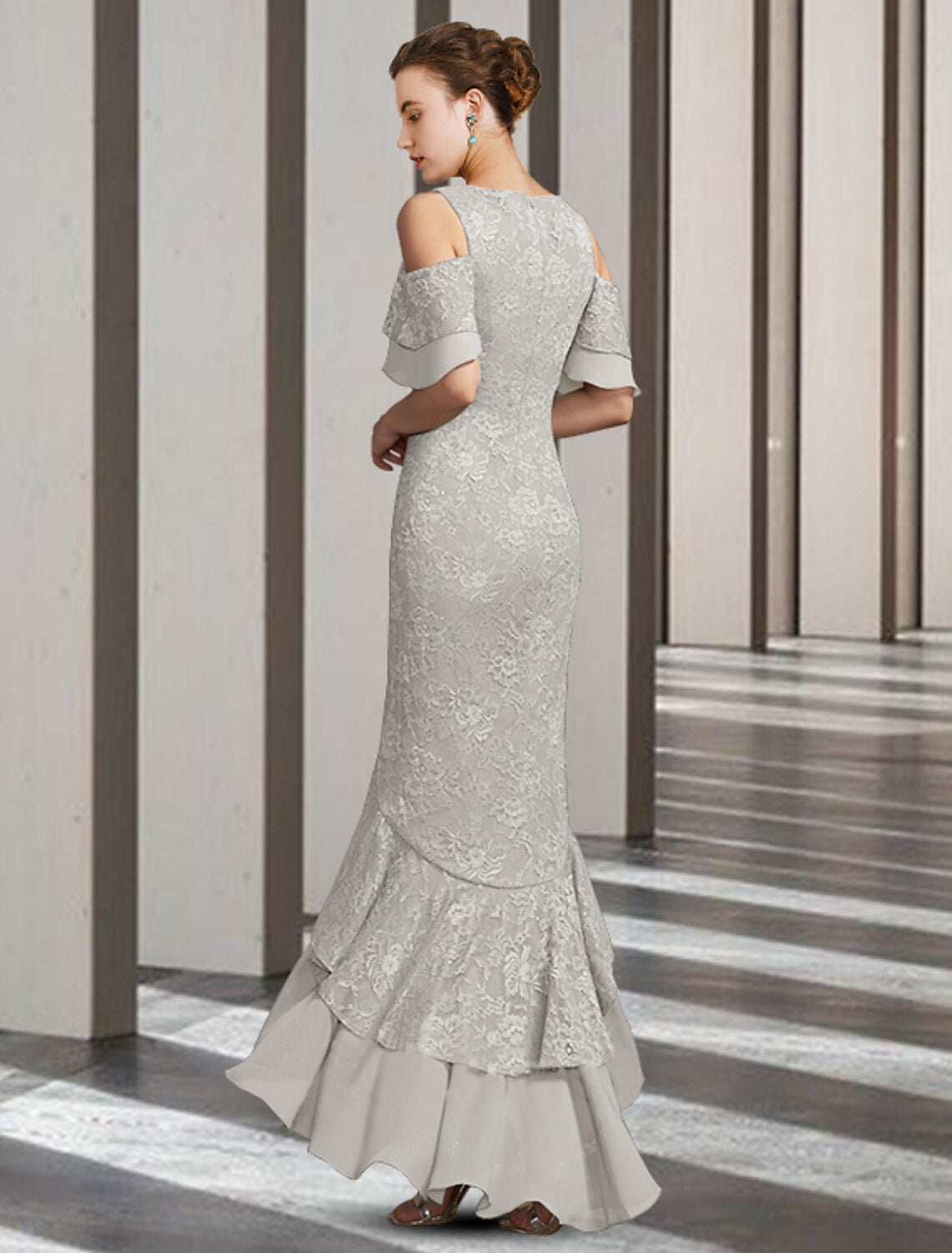 Aimishang Sheath / Column Mother of the Bride Dress Elegant High Low Jewel Neck Floor Length Chiffon Lace Short Sleeve with Ruffles