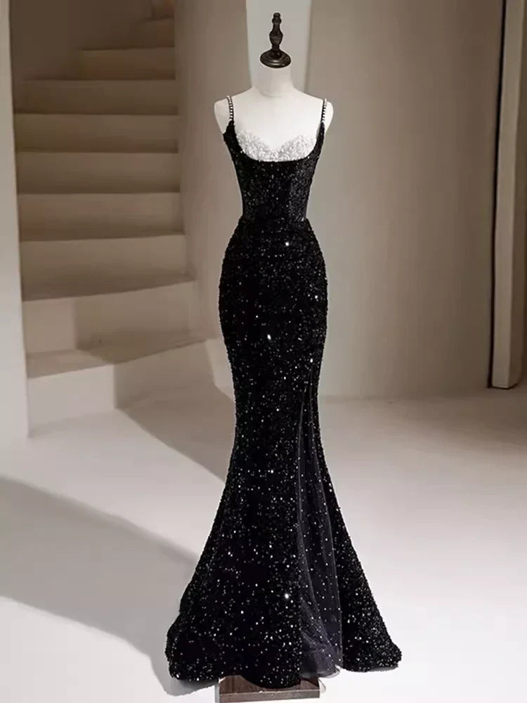 Black Strappy Glitter Mermaid Formal Prom Drerss Evening Gown Sparkly Party Dress Wholesale