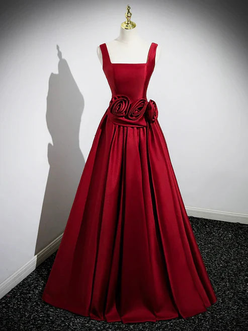 Wholesale A Line Straps Burgundy Satin Long Prom Dress with Flower Charming Evening Party Dress