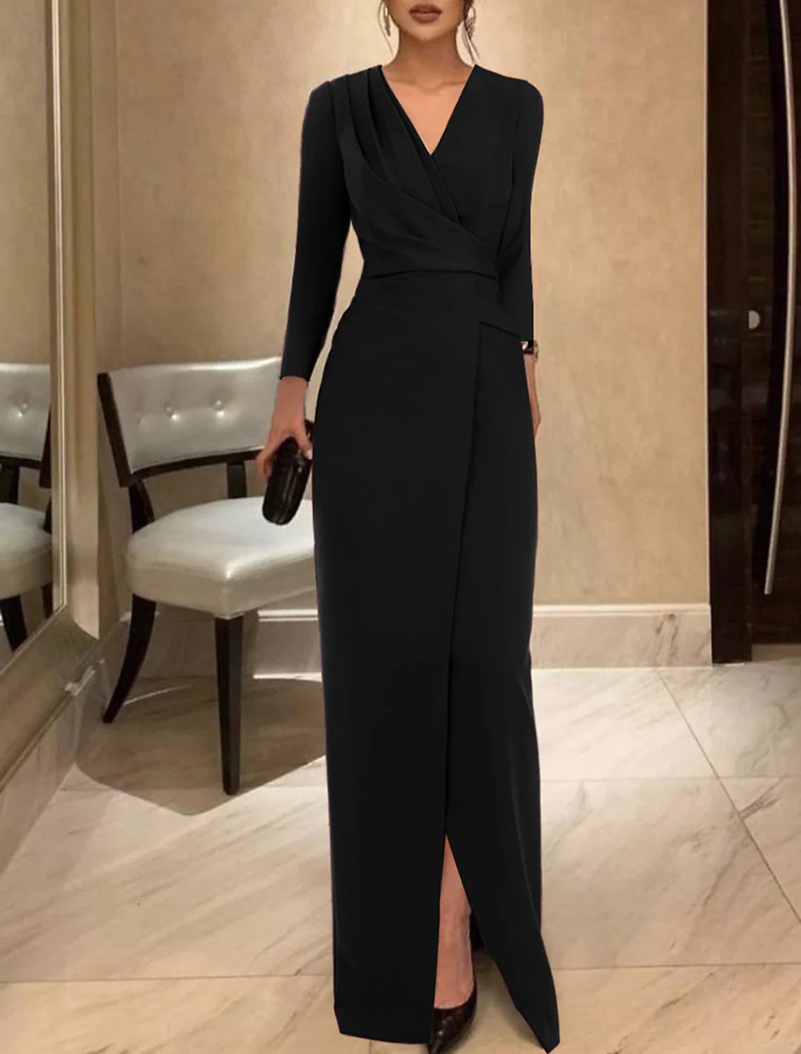 Sheath / Column Evening Gown Elegant Dress Formal Floor Length Long Sleeve V Neck Stretch Fabric with Ruched