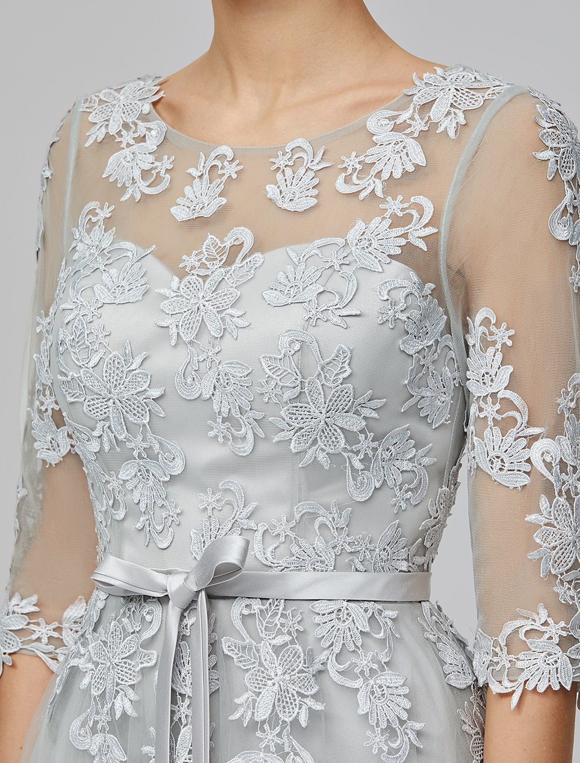 Wholesale A-Line Empire Dress Wedding Guest Prom Dress Floor Length Half Sleeve Illusion Neck Tulle with Bow(s) Appliques