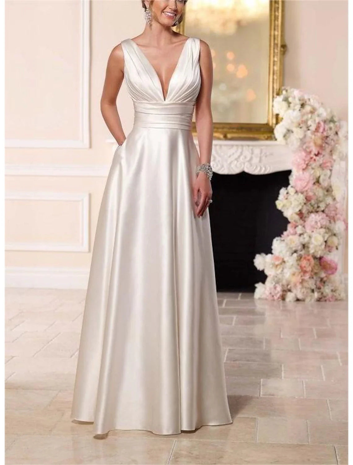 Aimishang Beach Casual Formal Wedding Dresses A-Line V Neck Sleeveless Floor Length Taffeta Bridal Gowns With Pleats Ruched