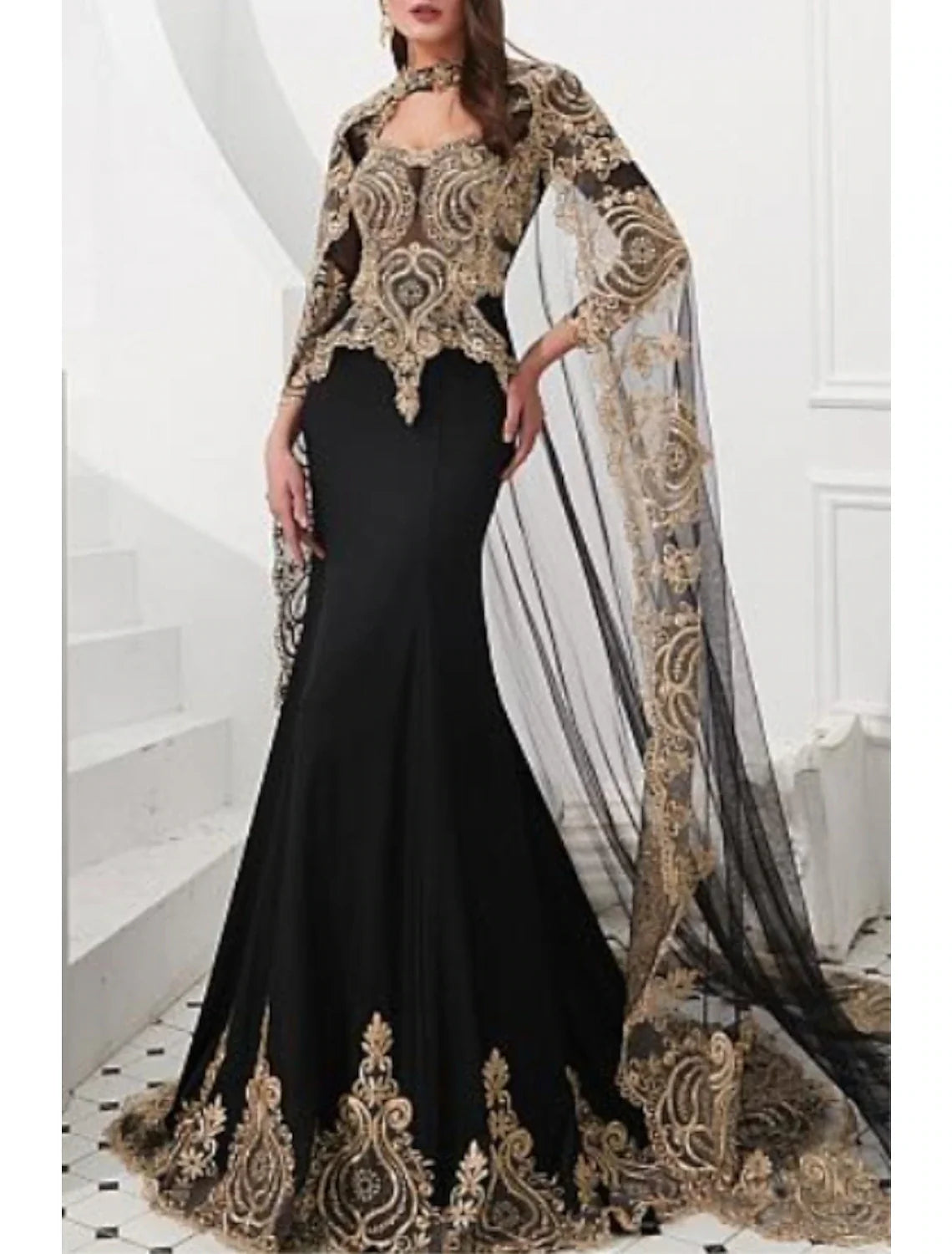 Aimishang Mermaid Black Dress Evening Gown Black Dress Vintage Halloween Engagement Court Train Long Sleeve High Neck Wednesday Addams Family Satin with Appliques