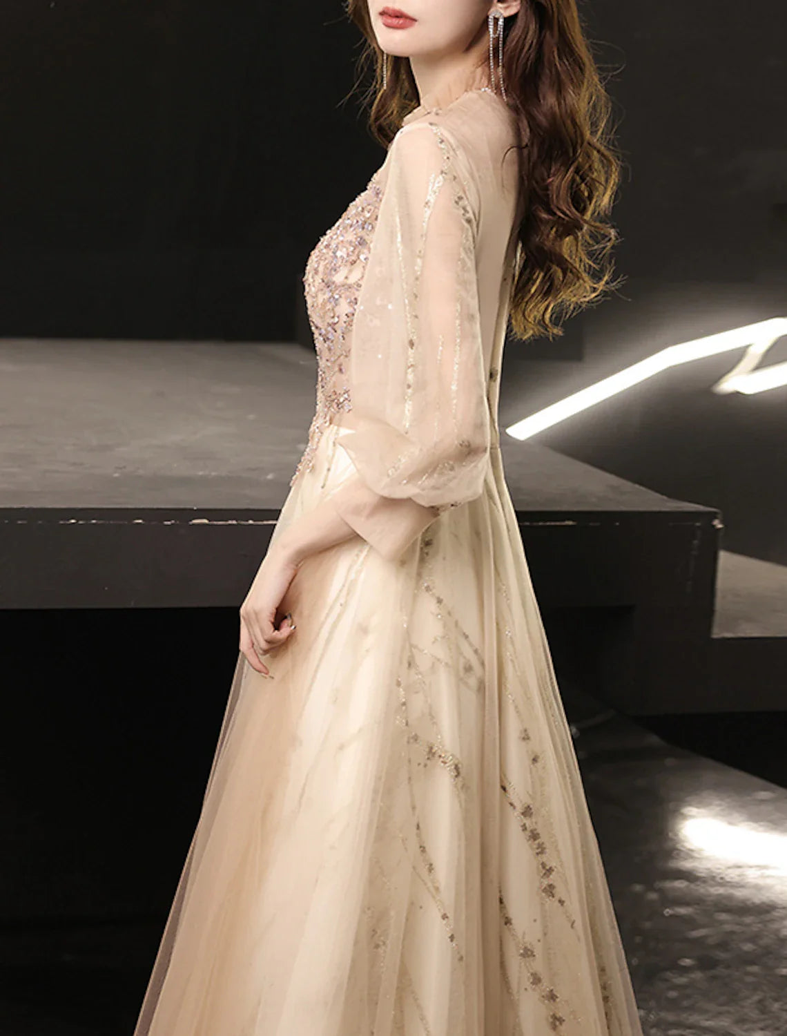 A-Line Prom Dresses Glittering Dress Wedding Guest Prom Floor Length Long Sleeve High Neck Tulle with Beading Appliques 2025