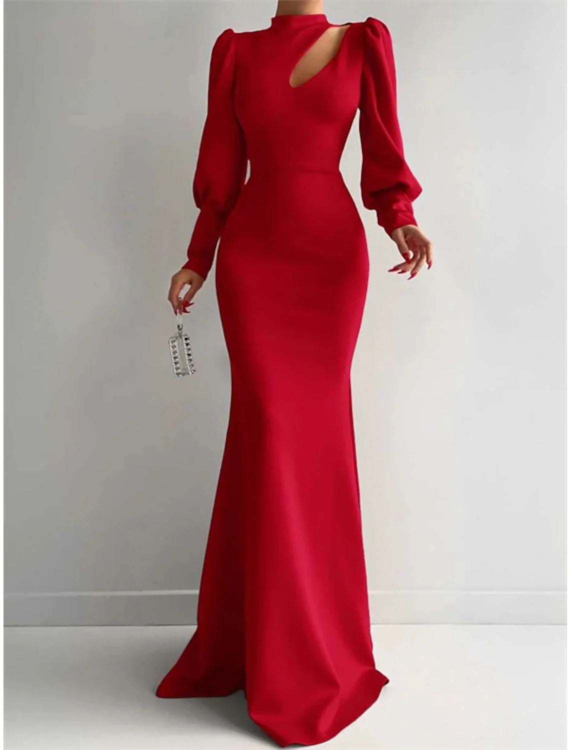 Mermaid Evening Gown Elegant Dress Formal Red Green Dress Sweep / Brush Train Long Sleeve High Neck Satin with Ruched