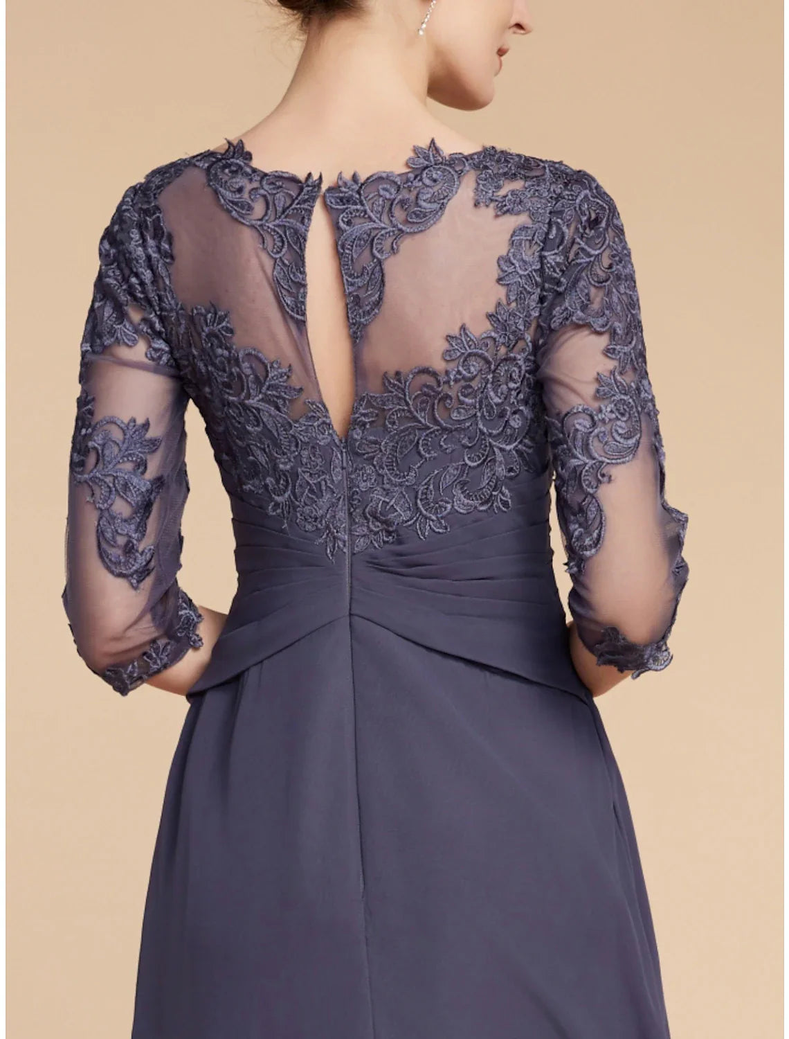 Aimishang A-Line Mother of the Bride Dress Wedding Guest Elegant Scoop Neck Ankle Length Chiffon Lace 3/4 Length Sleeve with Ruching Solid Color