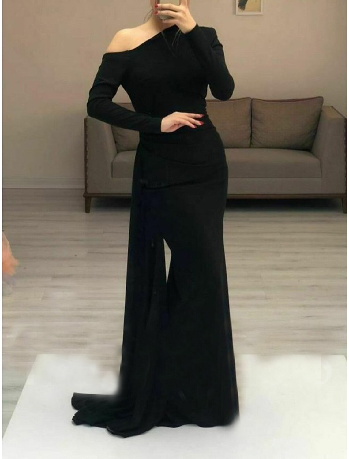 Sheath / Column Minimalist Elegant Wedding Guest Formal Evening Dress One Shoulder Long Sleeve Floor Length  Fabric with Sleek Ruched 2025