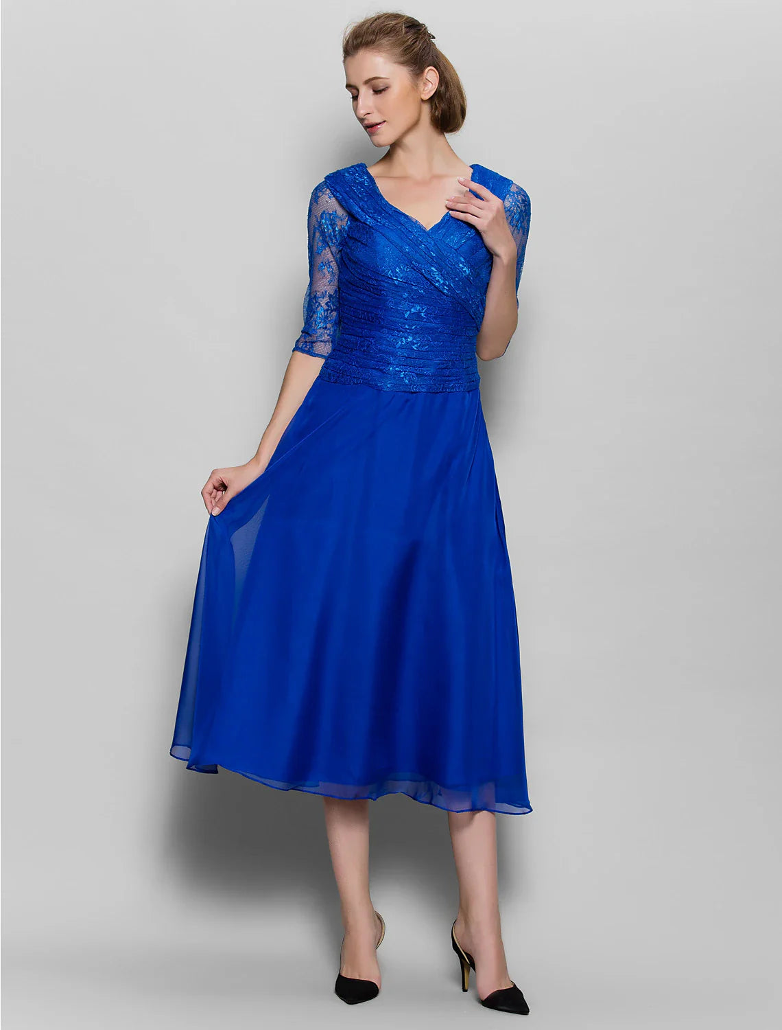 Aimishang  A-Line Mother of the Bride Dress Plus Size Elegant V Neck Tea Length Chiffon Lace Half Sleeve No with Lace Criss Cross Ruched
