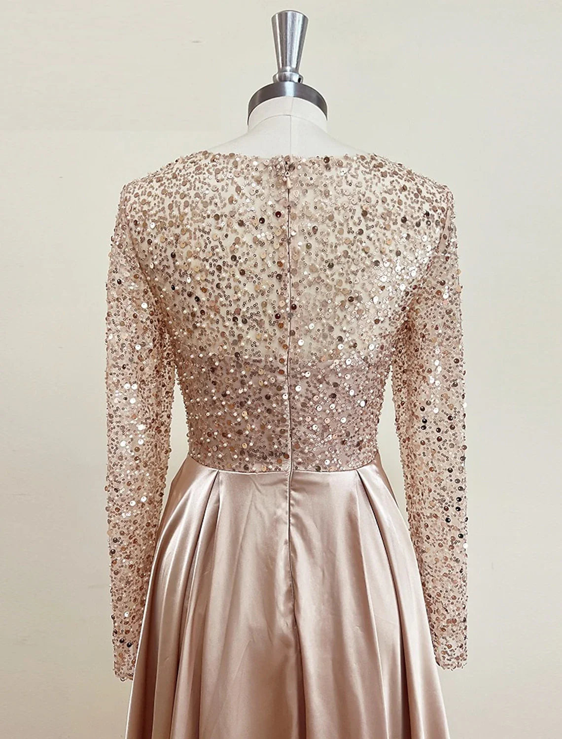 Mermaid Sequin Evening Gown Ruched Satin Dress Long Sleeves Floor Length Sparkle Illusion Neck Fall Wedding Guest Dress with Pearls Overskirt