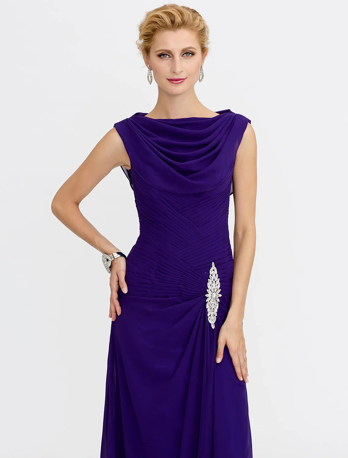 Aimishang Sheath / Column Mother of the Bride Dress Color Block Lace Up Cowl Neck Ankle Length Chiffon Charmeuse Sleeveless with Criss Cross Beading