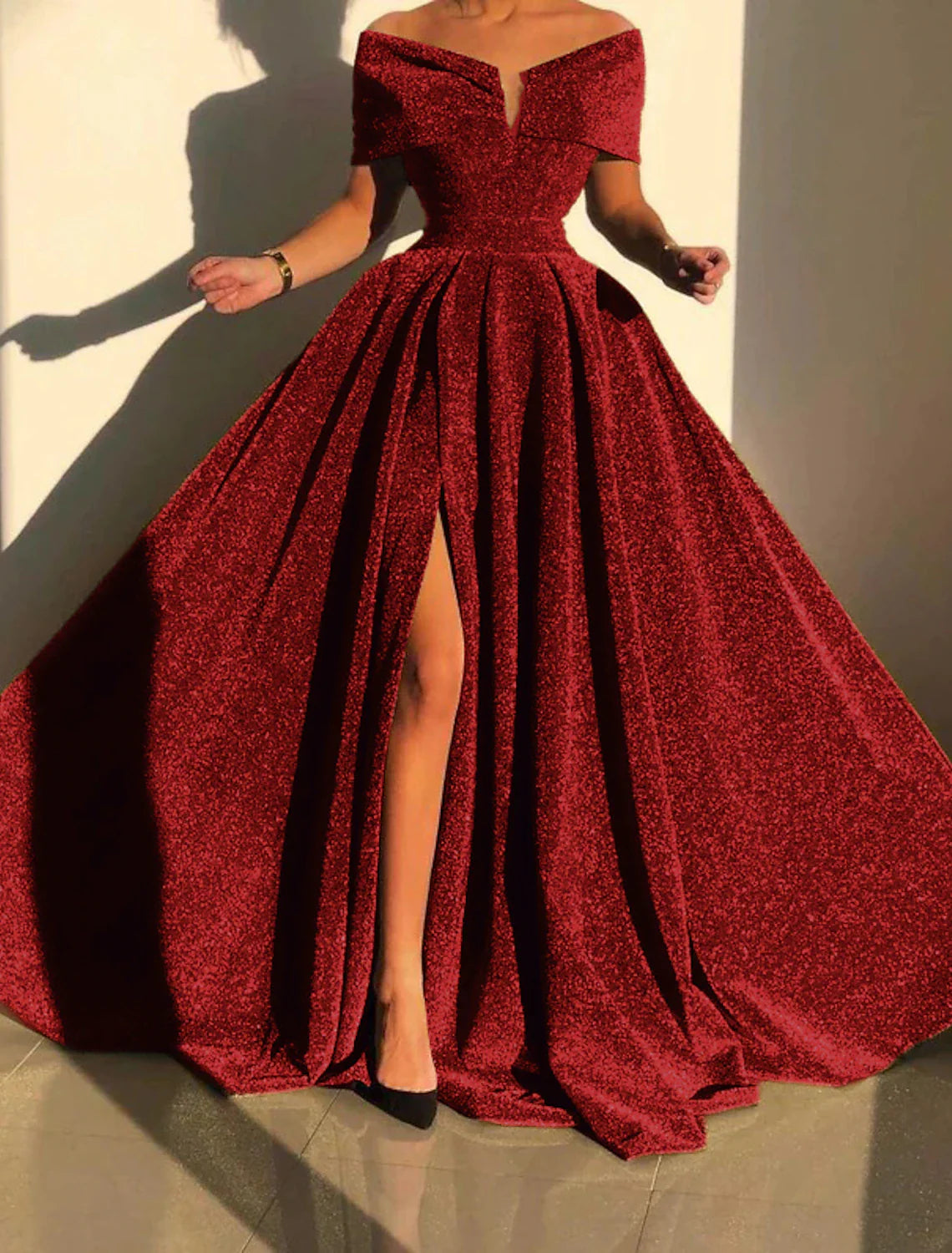 A-Line Evening Gown Sparkle & Shine Dress Formal Fall Court Train Sleeveless Off Shoulder Sequined with Sequin Slit