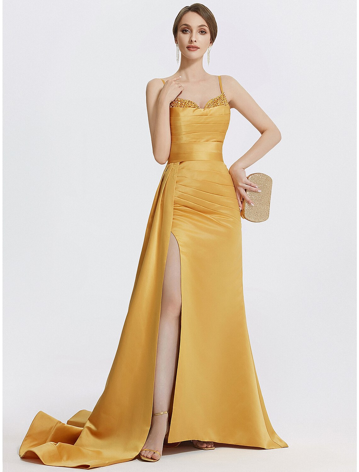 Aimishang A-Line Evening Gown Sparkle Dress Wedding Prom Sweep / Brush Train Sleeveless Spaghetti Strap Satin with Rhinestone Ruched