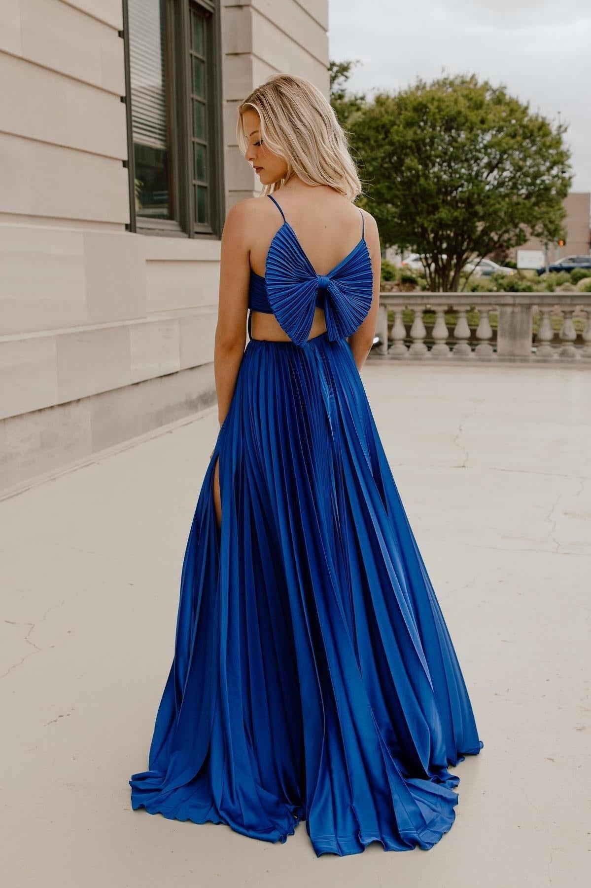 V Neck Pleated Satin Royal Blue Prom Dresses with Bow Back