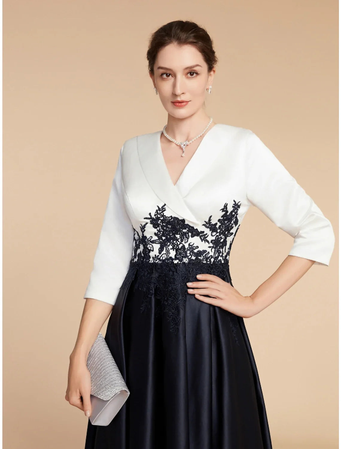 Aimishang  A-Line Mother of the Bride Dress Wedding Guest Elegant Petite V Neck Asymmetrical Satin Lace Half Sleeve with Ruching