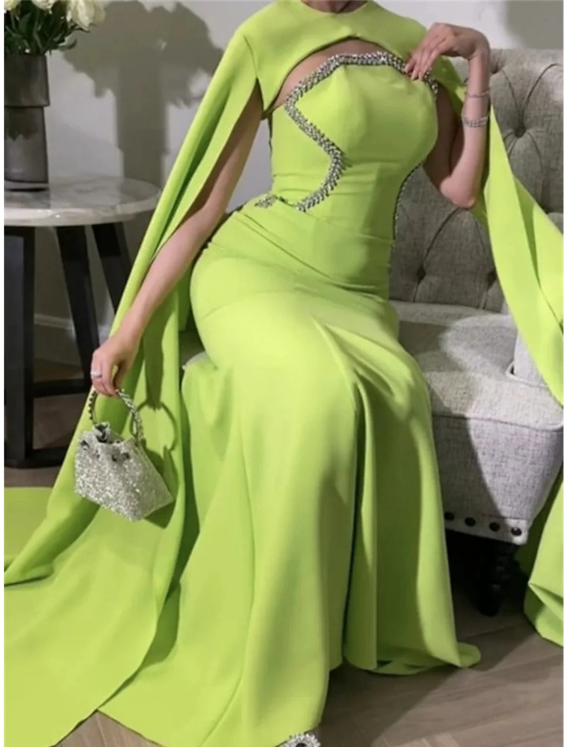 A-Line Evening Gown Elegant Dress Formal Sweep / Brush Train Christmas Red Green Dress Sleeveless Jewel Neck Stretch Fabric with Pleats Sequin