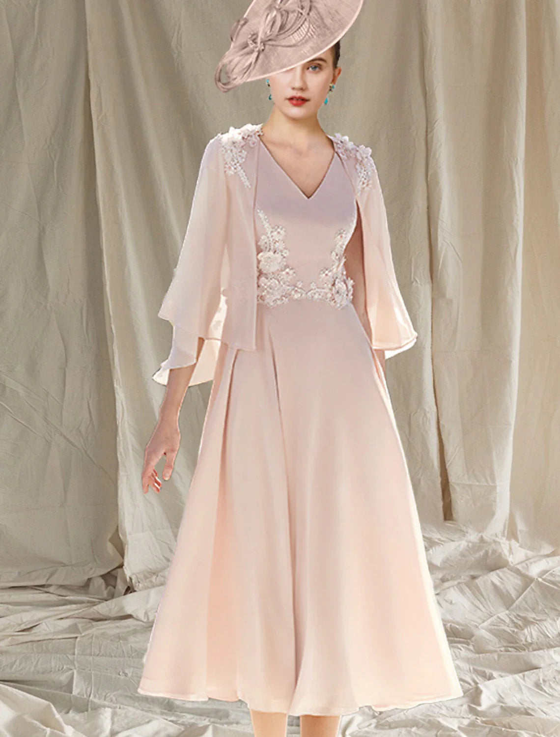Two Piece A-Line Mother of the Bride Dress Wedding Guest Church Elegant V Neck Tea Length Chiffon Sleeveless Wrap Included with Appliques