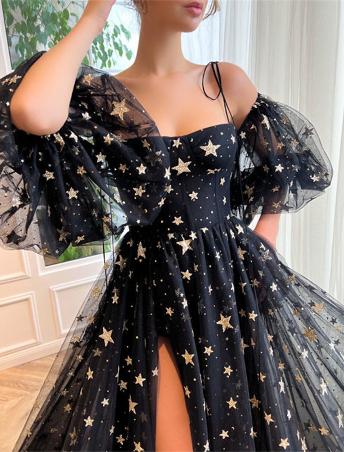 A-Line Prom Dresses Sparkle & Shine Dress Wedding Party Birthday Sweep / Brush Train Half Sleeve Off Shoulder Tulle with Sequin Slit