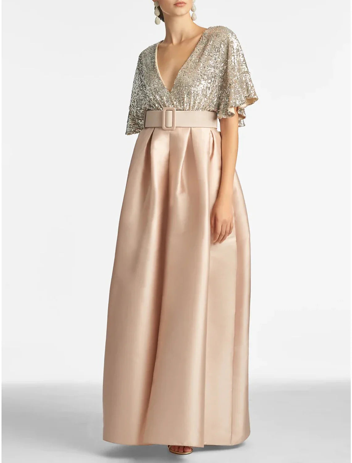 A-Line Evening Gown Party Dress Sparkle & Shine Dress Formal Wedding Guest Ankle Length Half Sleeve V Neck Fall Wedding Guest Sequined with Sequin Strappy