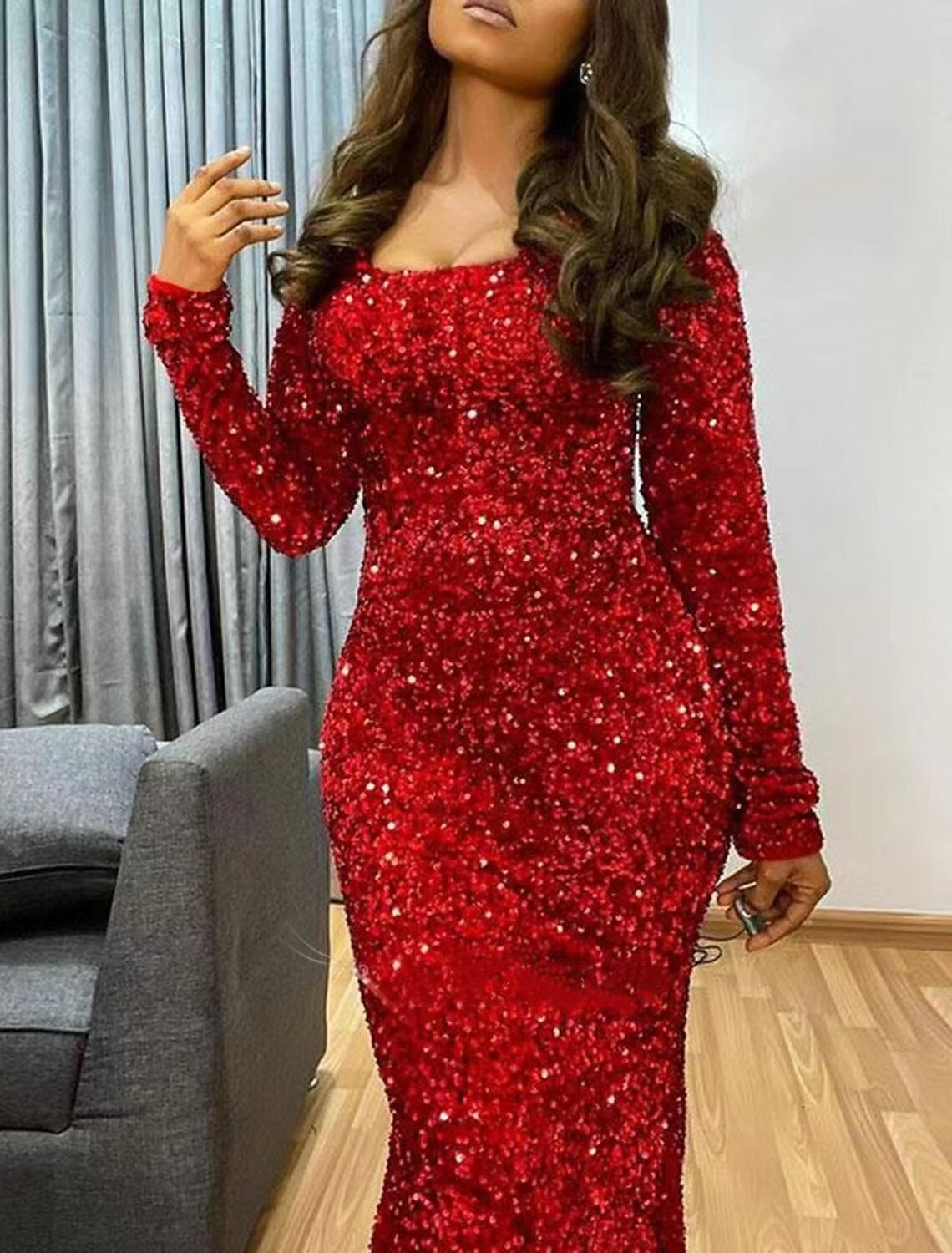 Mermaid Evening Gown Sparkle Red Green Dress Dress Formal Wedding Guest Sweep / Brush Train Long Sleeve Scoop Neck Sequined with Sequin