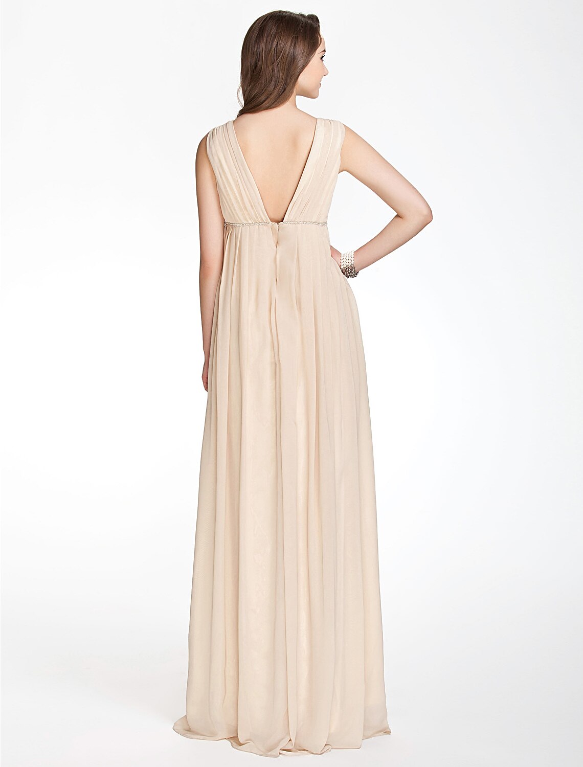 A-Line Bridesmaid Dress V Neck Sleeveless Beautiful Back Floor Length Chiffon with Pleats / Beading / Draping
