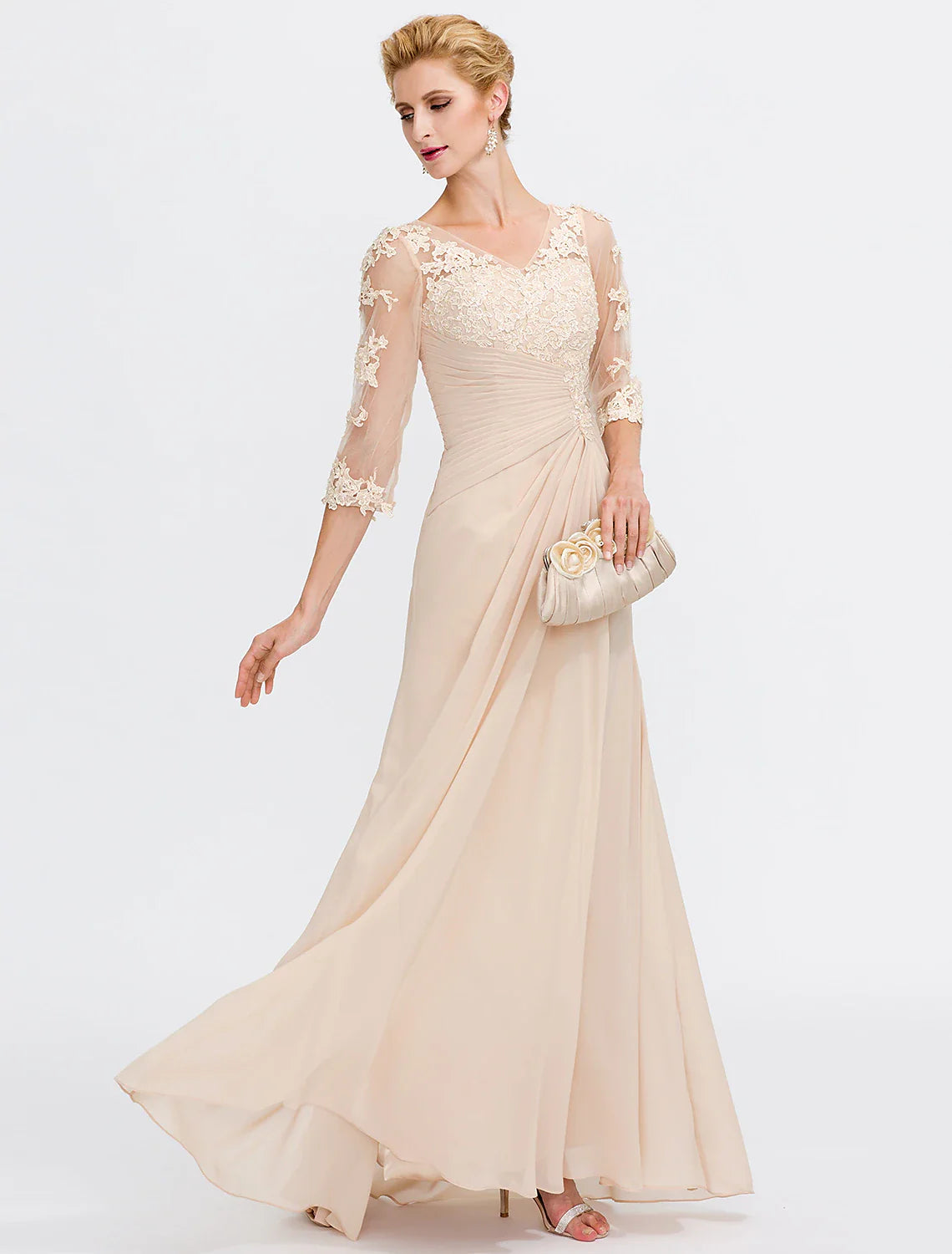 Aimishang A-Line Mother of the Bride Dress Fall Wedding Guest Dresses Plus Size Elegant See Through V Neck Floor Length Chiffon Half Sleeve with Appliques Side Draping