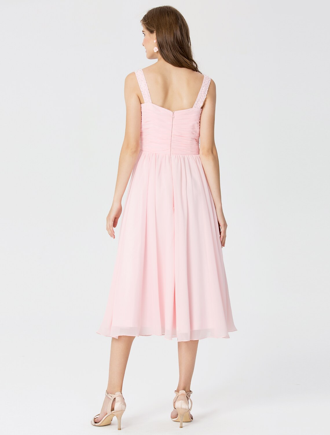 Ball Gown / A-Line V Neck Tea Length Chiffon Bridesmaid Dress with Criss Cross / Beading