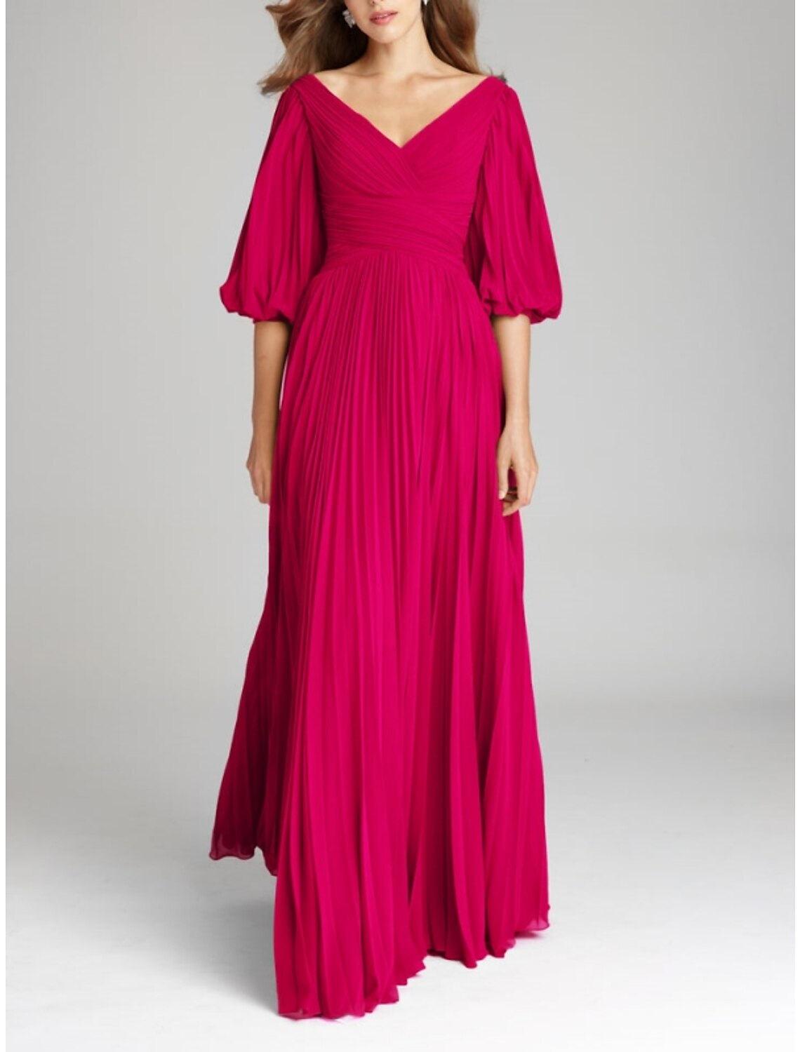 A-Line Evening Gown Elegant Dress Formal Floor Length Half Sleeve V Neck Chiffon with Pleats Ruched