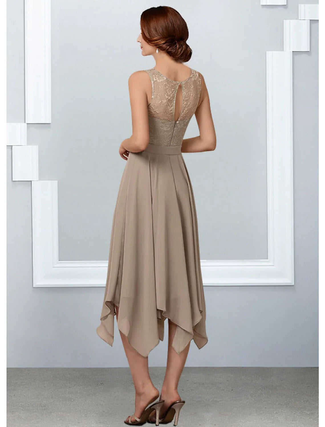 Aimishang A-Line Mother of the Bride Dress Elegant Jewel Neck Tea Length Chiffon Lace Half Sleeve with Pleats