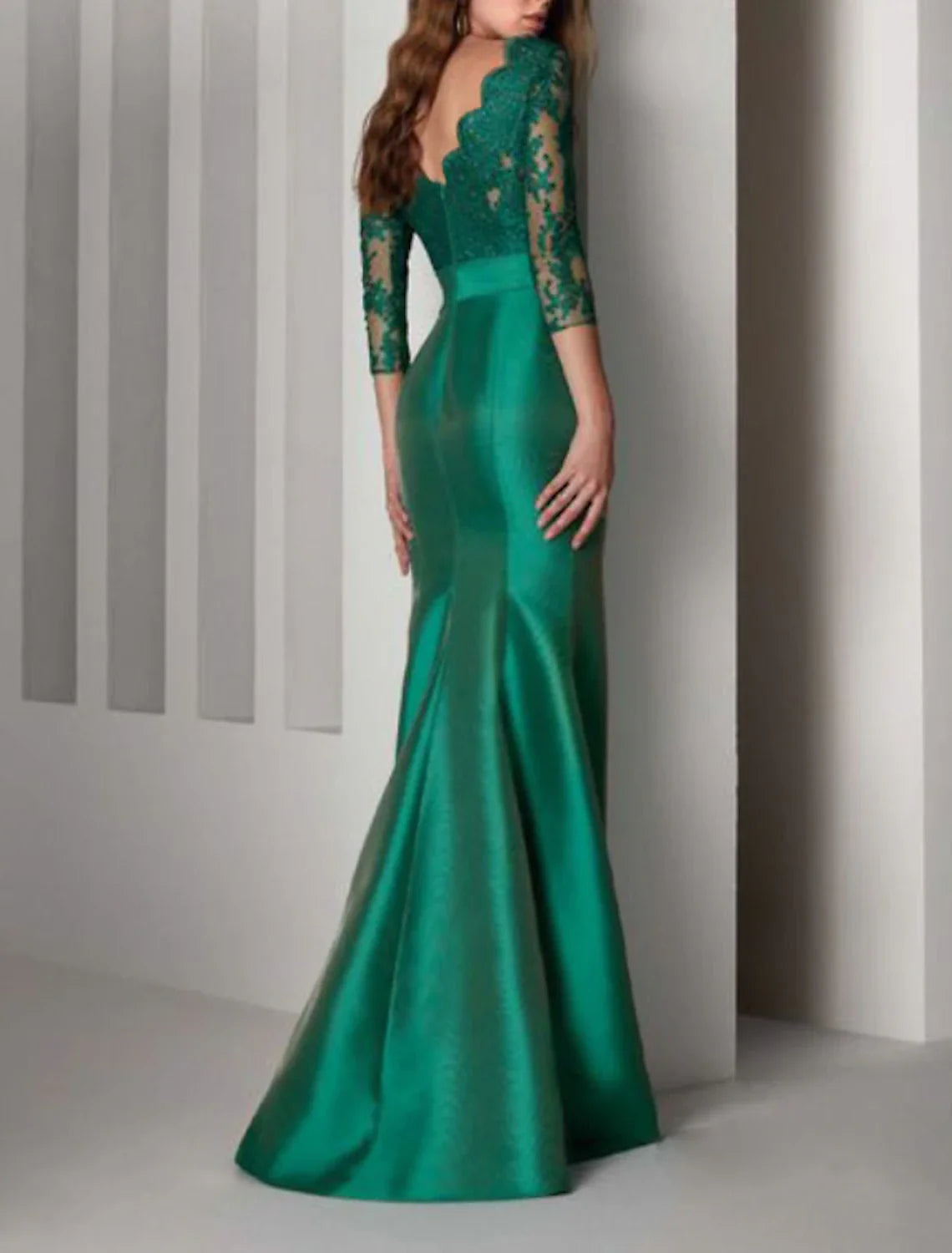 Aimishang Mermaid Beautiful Back Elegant Red Green Dress Formal Evening Dress Scalloped Neckline V Back 3/4 Length Sleeve Floor Length Lace with Sash / Ribbon Embroidery