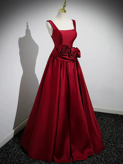 Wholesale A Line Straps Burgundy Satin Long Prom Dress with Flower Charming Evening Party Dress