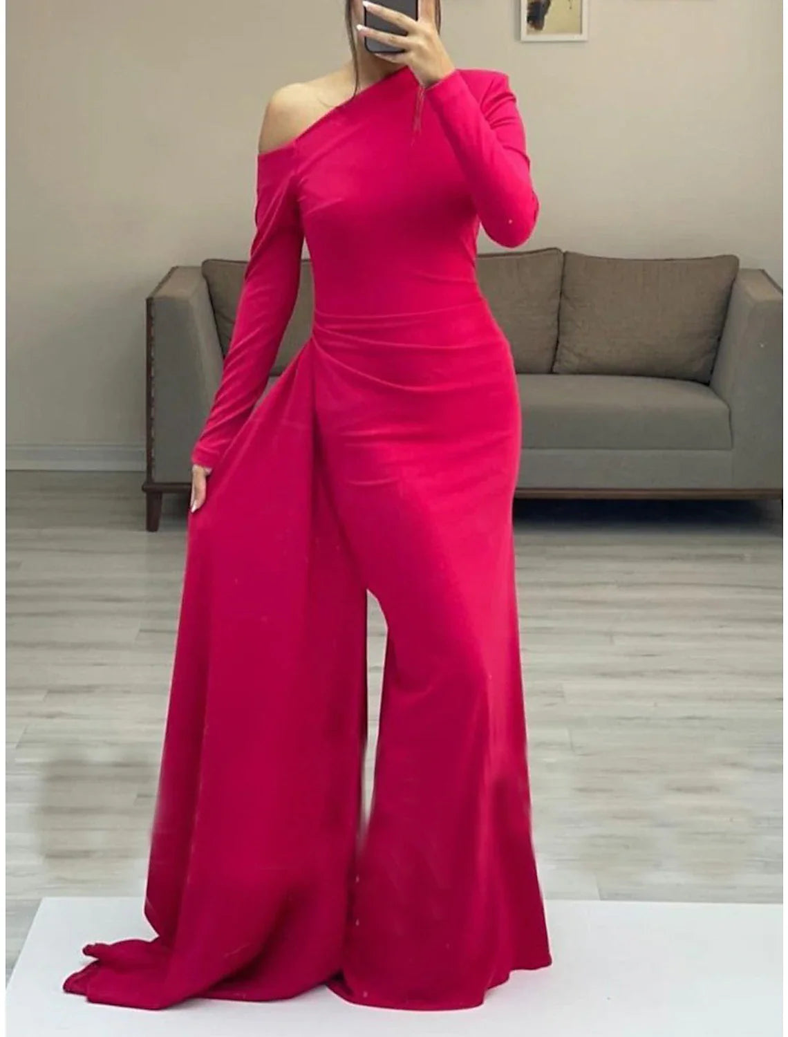 Sheath / Column Minimalist Elegant Wedding Guest Formal Evening Dress One Shoulder Long Sleeve Floor Length  Fabric with Sleek Ruched 2025