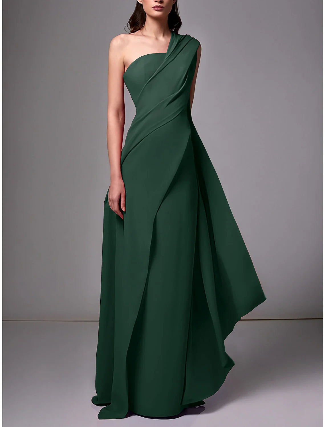 Sheath Evening Gown Red Green Dress Elegant Dress Formal Sweep / Brush Train Sleeveless One Shoulder Stretch Chiffon with Pleats Ruched