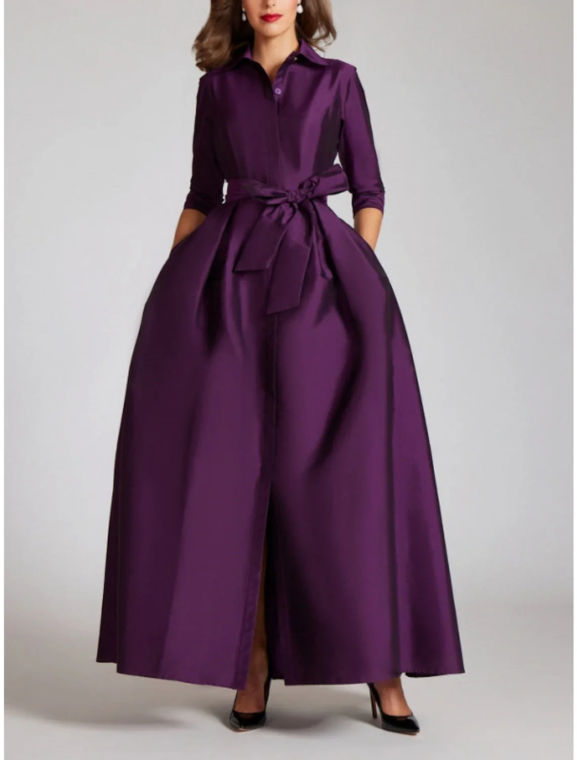 Satin A-Line Evening Gown Champagne Gold Minimalist Black Christmas Red Green Dress Dress Formal Fall Floor Length Half Sleeve Shirt Collar with Bow(s) Pleats 2025