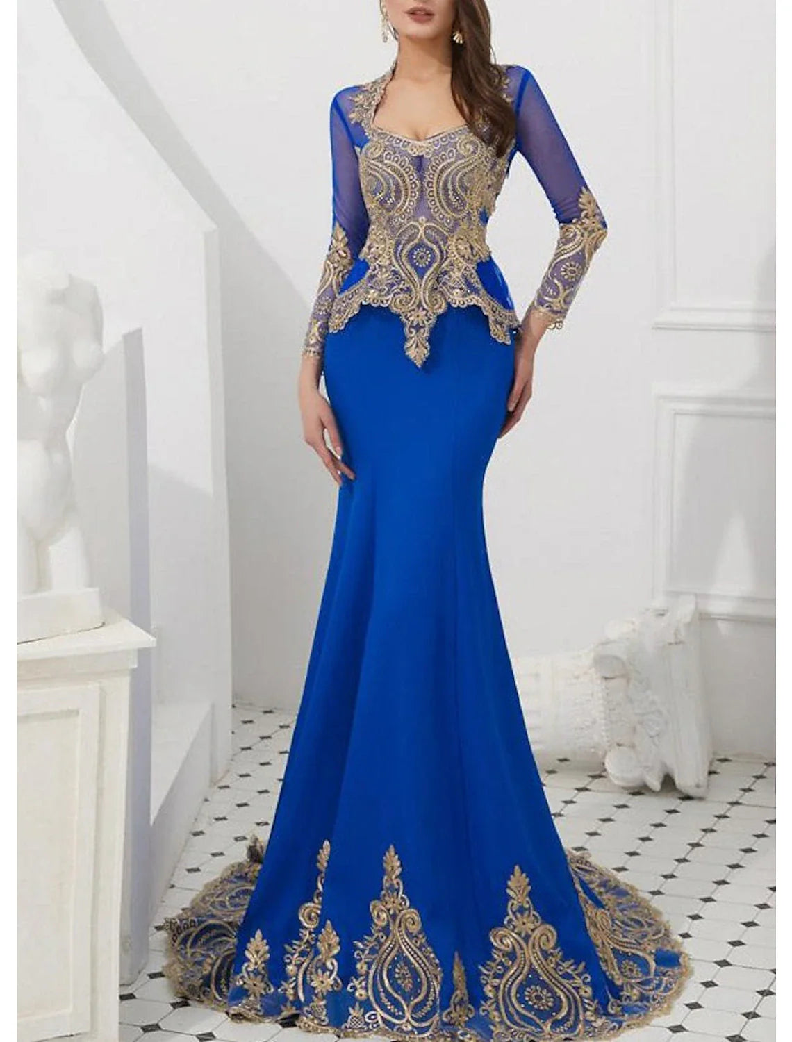 Aimishang Mermaid Black Dress Evening Gown Black Dress Vintage Halloween Engagement Court Train Long Sleeve High Neck Wednesday Addams Family Satin with Appliques