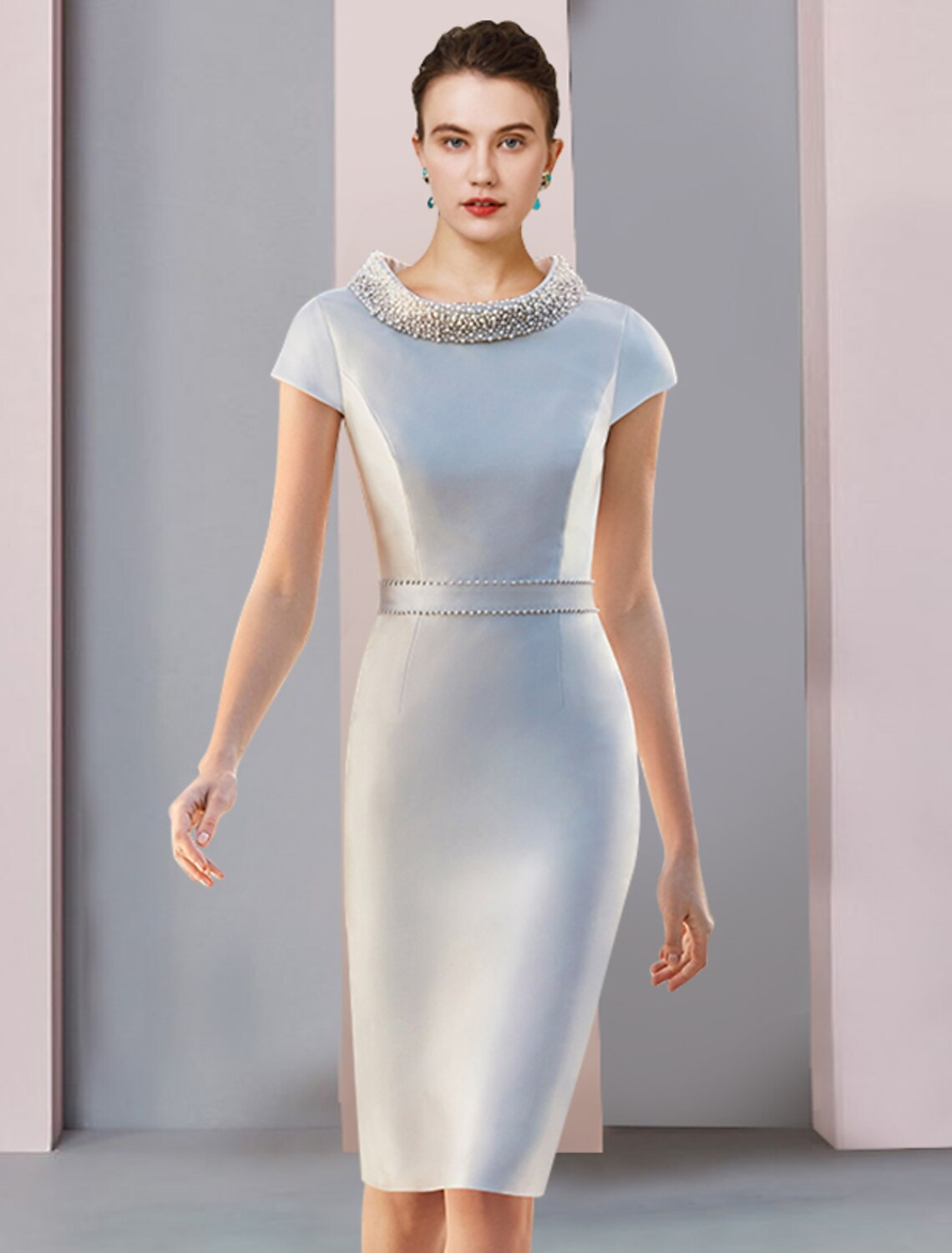 Aimishang  Two Piece Mother of the Bride Dress Wedding Guest Party Elegant Scoop Neck Knee Length Satin 3/4 Length Sleeve with Bow(s) Pearls