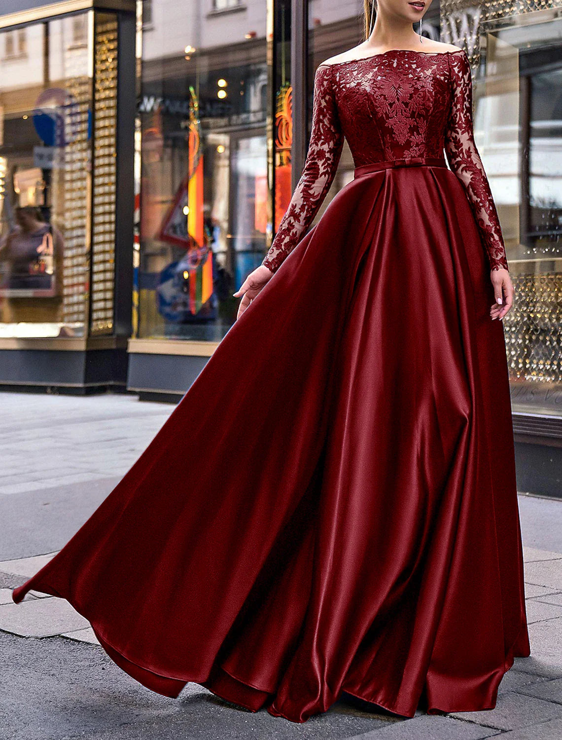 A-Line Evening Gown Party Dress Christmas Red Green Dress Elegant Dress Wedding Guest Fall Floor Length Long Sleeve Off Shoulder Belt / Sash Satin with Appliques 2025