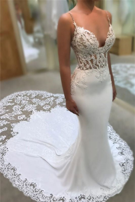 Lace Applique Mermaid Wedding Dress with Spaghetti-Straps V-Neck - New Arrival