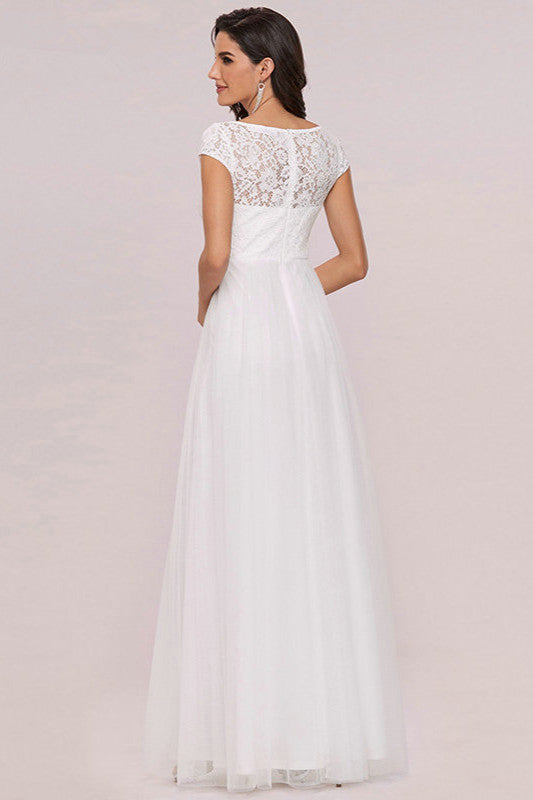 Lace Cap Sleeve Long Wedding Dress with Zipper Back