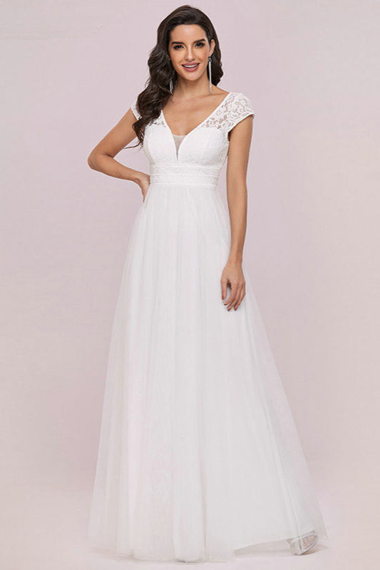 Lace Cap Sleeve Long Wedding Dress with Zipper Back
